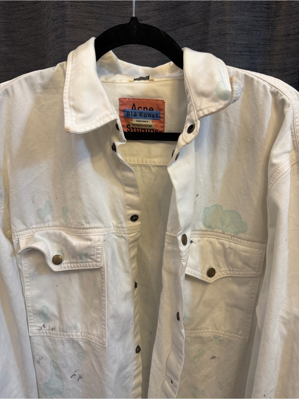 Acne Off-White Shirt Jacket with Mint Green Paint Details